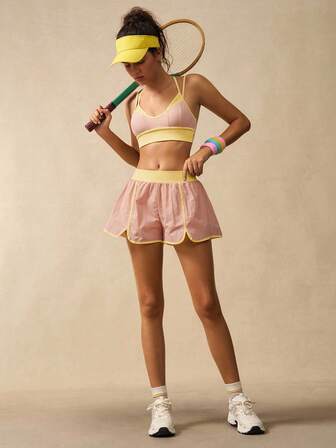 VARSITIE 女士健身套装 女士拼色吊带背心和短裤 运动套装 瑜伽健身套装 运动文胸和短裤套装