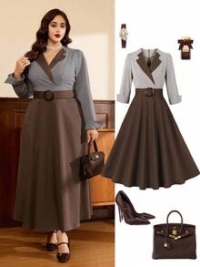 Auvina 加大码女式优雅腰部收紧复古格子拼接喇叭裙，修身版型，秋季服装，自由腰带，新年连衣裙 - 棕色 - 查看 7