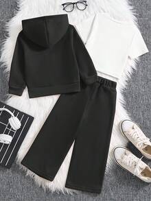 3 件套女孩连帽衫套装，秋冬新款，包含拉链连帽衫、短袖上衣、长袖运动裤，黑色拉链连帽衫印有“NEW YORK 1989”字样，搭配黑色运动裤，白色棉质圆领 T 恤，舒适休闲宽松版型，适合日常和运动穿着 - 彩色 - 查看 2