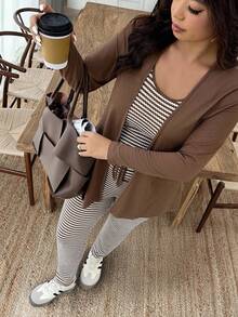 EMERY ROSE Áo khoác cardigan dài tay màu trơn cỡ lớn cho nữ, áo ba lỗ kẻ sọc và quần âu thường ngày - màu nâu - Xem 7