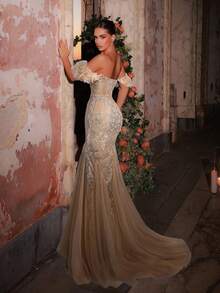 Glamrae Elegant Light Blue Luxurious Fully Beaded Embroidered Off-Shoulder Mesh Ruffle Nude Lining Sheer Mermaid Maxi Dress With Adjustable Back Tie, Suitable For Dates, Vacations, Parties, Weddings, Formal Events - Champagne - View 2