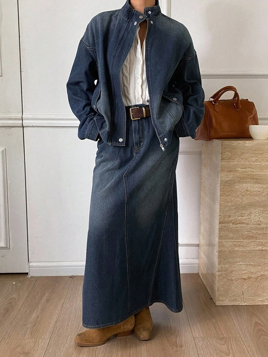 DAZY 西部牛仔风格做旧洗水高领长袖拉链宽松夹克和不对称下摆短裙休闲街头装，秋冬 - 藍色 - 查看 1