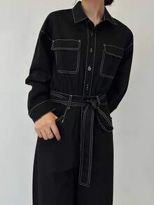 FRIFUL Women's Contrast Stitching Denim Bib Pants And Jumpsuit - Black - View 4