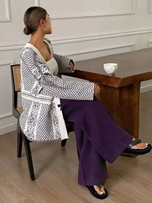 DAZY 2pcs/Set Women Knitted Loose Long Sleeve Pants Pajama Set, Autumn/Winter, Fall Clothes - Grey - View 5