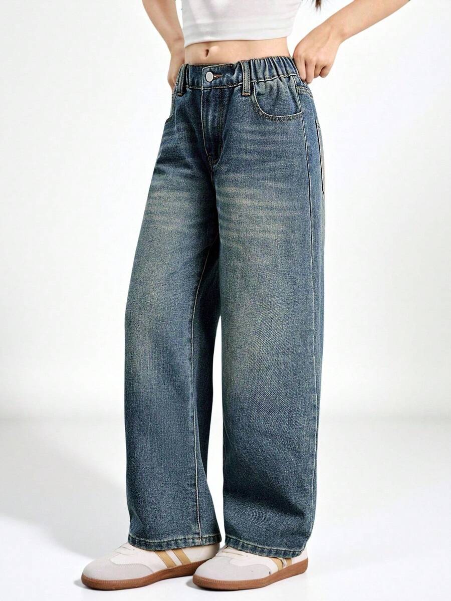 SHEIN Explorewe Streetcool Tween Girls Vintage Loose Wide Leg Jeans, Casual Straight Leg Denim Pants - Dark Wash - View 1