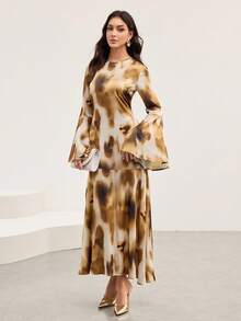 Veilorie Vestido elegante y modesto con estampado de efecto tie-dye en estilo árabe para mujeres - Multicolor - Ver 5