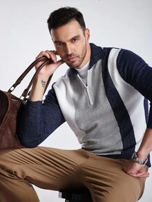 Manfinity CityGents كنزة صوفية كاجوال طويلة الأكمام مزركشة بالخطوط، خريف/شتاء