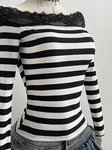Elamini 女士休闲时尚日常通勤蕾丝拼布条纹露肩长袖T恤，秋冬 - 彩色 - 查看 6