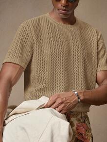AKNOTIC Business Casual Men's Knitted Jacquard Crochet Combination Short Sleeve T-Shirt, Suitable For Summer, Vacation, Casual Wear, Party, Couple, Men's Gift, Father's Day Gift - Brown - View 1