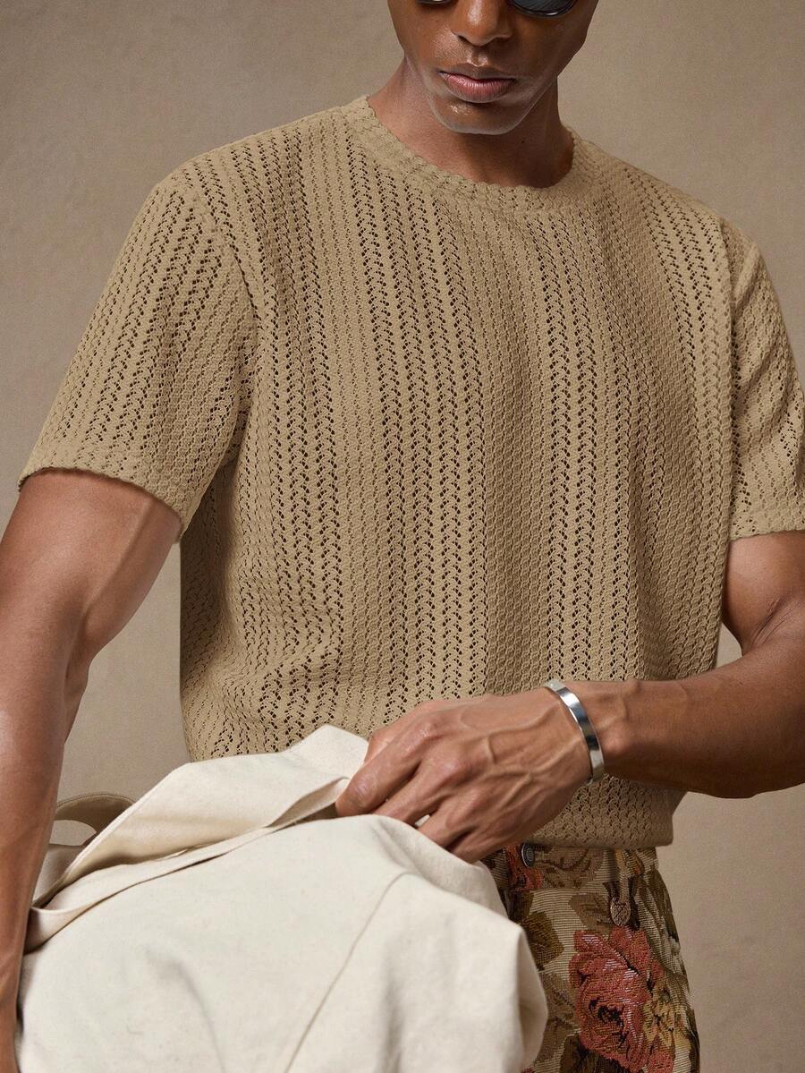 AKNOTIC Business Casual Men's Knitted Jacquard Crochet Combination Short Sleeve T-Shirt, Suitable For Summer, Vacation, Casual Wear, Party, Couple, Men's Gift, Father's Day Gift - Brown - View 1