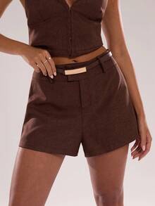 SHEIN BAE Women's Casual And Business Dual-Use Belt With Twill Shorts For Fall/Winter Workwear Shorts, Commuter Attire, Suitable For Professional Outfits, Brown Clothes Brown Shorts Women - Coffee Brown - View 4