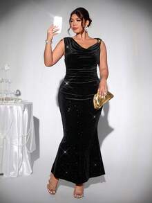 Firerie 大码女式无袖金属扣装饰垂坠领中长连衣裙，百搭性感优雅，适合通勤、度假、时尚、春夏季，适合通勤、优雅、性感、度假、海滩、夏威夷、婚礼季、毕业典礼、舞会 - 黑色 - 查看 7