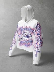 ROMWE MEN Street Life 男士休闲复古天使与字母印花抽绳连帽运动衫，适合春秋季 - 白色 - 查看 7