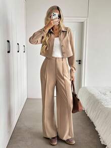 Easowa 翻领纽扣前长袖衬衫和前拉链褶裥腰斜口袋阔腿裤休闲宽松优雅商务套装女士两件套棕褐色两件套米色两件套两件套女士女士两件套棕褐色套装女士 - 卡其色 - 查看 1