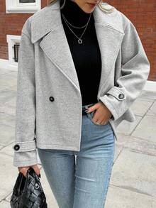 Struktiv Women's Oversized Collar Decorated Button Long Sleeve Overcoat - Light Grey - View 4