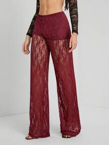 SHEIN Tall 女士纯色蕾丝拼接透视优雅时尚长裤 - 酒紅色 - 查看 5