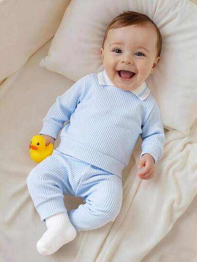 SHEIN 2pcs Newborn Baby Boy Autumn Outfit, Knitted Collar Long Sleeve Top And Solid Color Long Pants Set Fall Winter