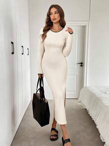 SHEIN LUNE Vestido midi de manga larga con cuello redondo, abertura alta en la cintura, ajustado, de tela texturizada de bloques de color, estilo casual, relajado y elegante para la oficina y el día a día, otoño/invierno - Albaricoque - Ver 6