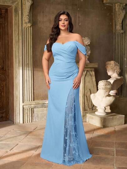 Aureia Vestido elegante y romántico de talla grande con hombros descubiertos, mangas colgantes fruncidas, plisado de malla bordada con flores 3D, falso tajo y bajo de cola de pez, adecuado para fiesta de noche, cita, vacaciones, boda, dama de honor, Día de San Valentín