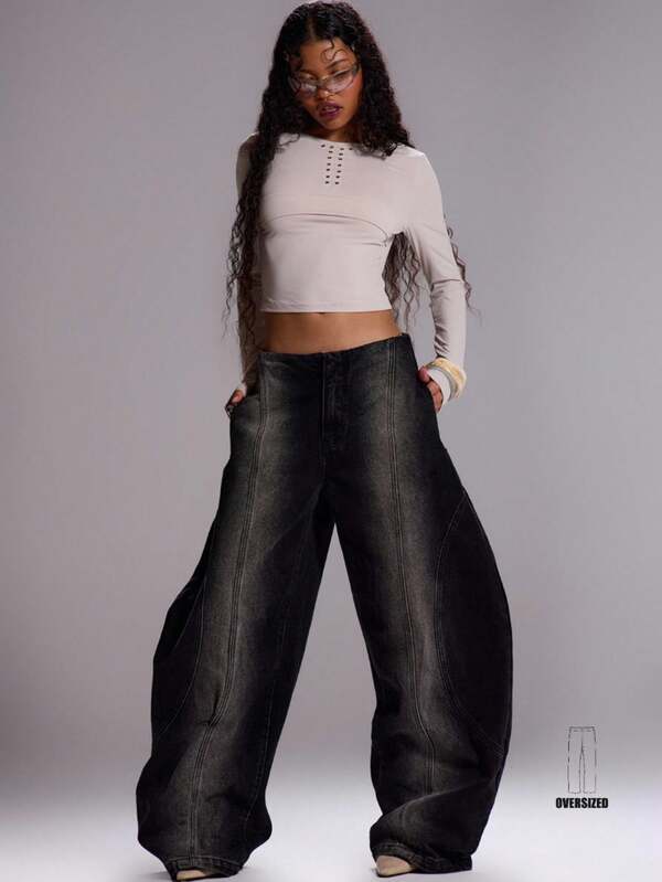 MUSERA Jeans de tiro bajo con pierna de globo lavados, sexy para salir, elegante para fiestas de otoño, invierno, navidad y eventos elegantes de estilo distópico