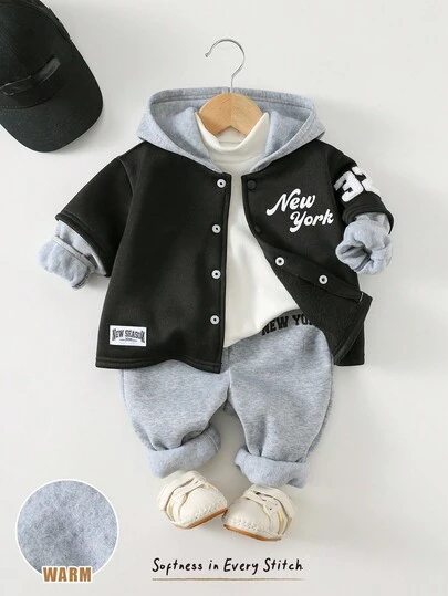 Cozy Pixies 2 件套男童/女童秋冬拼色连帽长袖休闲运动衫夹克和松紧腰慢跑裤套装