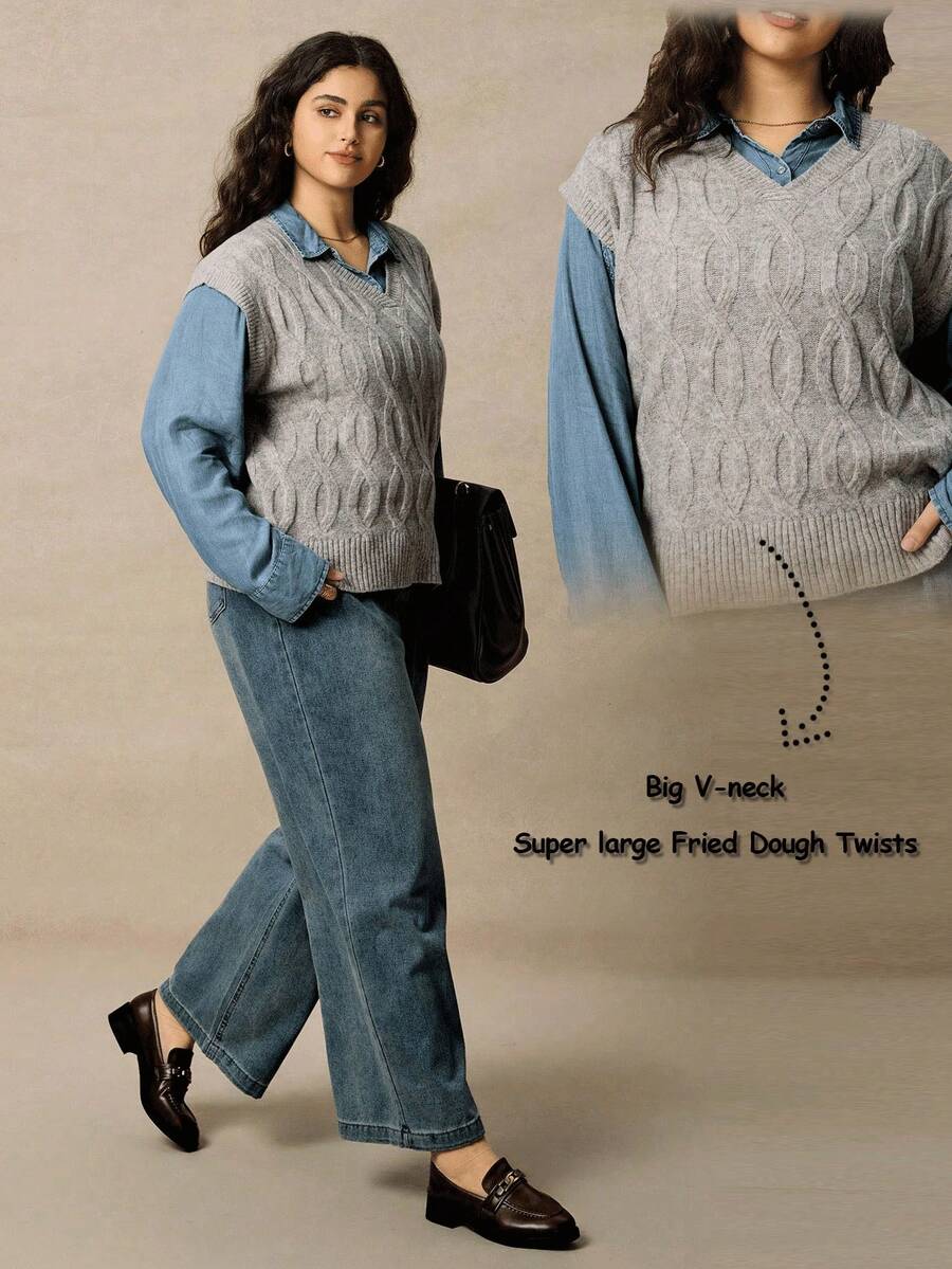 Juhart 大码女式扭绳V领休闲百搭针织背心，秋冬 - 卡其色 - 查看 1