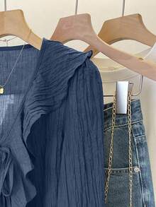 INAWLY French V-Neck Pleated Ruffle Tie Blouse - Navy Blue - View 6