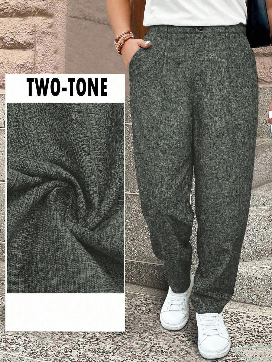 EMERY ROSE Plus Size Linen-Like Textured Multi-Color Casual Commuter Cropped Pants - Cadet Blue - View 1