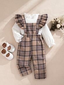 Souflis Souflis 2025秋冬法式复古休闲白色拉绒长袖T恤搭配可爱格纹吊带连体裤，适合女宝宝外出聚会等多种场合 - 白色 - 查看 3