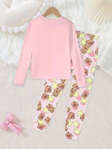 Bộ 2 món/Bộ đồ mặc nhà in hình gấu dễ thương màu hồng và quần legging dài tay cổ tròn in hình gấu sao toàn thân bằng vải dệt kim co giãn thoải mái ôm sát - Nhiều màu - Xem 2