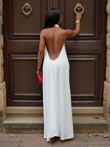 Yess Loren 2025 春夏新款白色纹理深 V 领露背连衣裙，适合音乐节、复活节、圣帕特里克节、西部、游牧、生日、毕业典礼、校园、日常穿着、休闲、度假、邮轮旅行、海滩、日光浴、病毒式、街头服饰、婚礼宾客波西米亚风、通勤、早午餐、机场 - 白色 - 查看 2