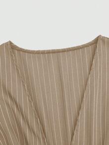 Sweetra Front Tie Deep V Slit Flare Sleeve Cinched Waist Fitted Brown & White Striped Casual, Commute, Date Night Elegant Relaxed Blouse Top, Plus Size - Khaki - View 3