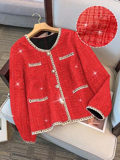 Franclia Plus Size Elegant Floral Lace Trim Round Neck Long Sleeve Jacket, Suitable For Vacation, Dates, And Gatherings