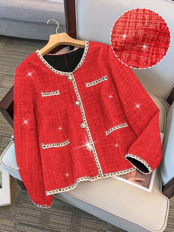 Franclia جاكيت أنيق بأكمام طويلة وياقة مستديرة مزين بالدانتيل الأزهار، مناسب للعطلات والمواعيد والتجمعات