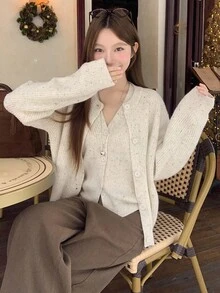 DAZY 2 件套女士休闲碎花雪纺背心开衫套装，秋季 - 米色 - 查看 3