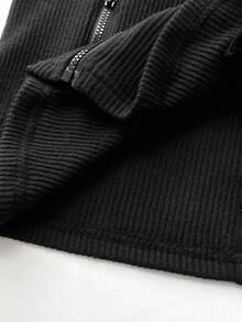SHEIN Unity 女式休闲时尚户外简约柔软羊毛罗纹纯色前拉链长袖常规夹克，秋冬 - 黑色 - 查看 5