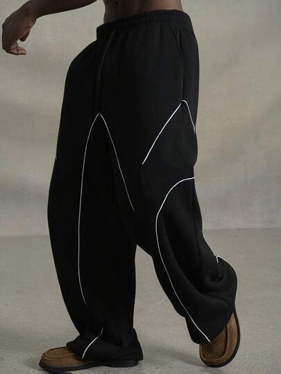 PAVTROS 男士撞色绑带抽绳口袋宽松休闲运动裤，外出长街穿着超大号拼色运动裤，适合送给丈夫、男朋友的礼物，适合返校