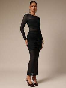 Silquee 女式优雅别致纯色拼接透明网眼荷叶边修身连衣裙 - 黑色 - 查看 5