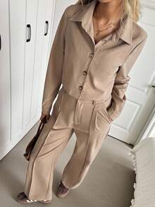 Easowa 翻领纽扣前长袖衬衫和前拉链褶裥腰斜口袋阔腿裤休闲宽松优雅商务套装女士两件套棕褐色两件套米色两件套两件套女士女士两件套棕褐色套装女士 - 卡其色 - 查看 5