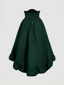 SHEIN MOD Rok Hijau Tua Berpinggang Tinggi Ukuran Besar, Gaun Formal Elegan Musim Gugur dengan Hem Asimetris, Bagian Depan Berlipit, Hem Berumbai yang Dapat Diatur, Desain Bolak-balik, Gaun Retro Vintage - Dark Green - View 4