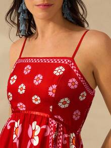 CAJUNI 女士度假细肩带露背 Selenipedium 和杜鹃花印花吊带背心休闲夏装，优雅大方 - 紅色 - 查看 5