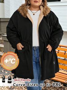 SHEIN CURVE+ Giacca invernale da donna taglie forti con colletto in pelliccia sintetica e resistente all'acqua, abbigliamento invernale taglie forti 8XL, abbigliamento da donna taglie forti 6XL, abbigliamento taglie forti con cappuccio per autunno/inverno - nero - Visualizzare 1
