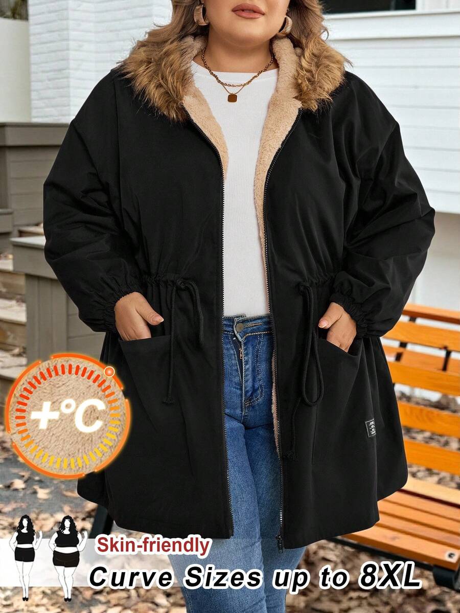 SHEIN CURVE+ Giacca invernale da donna taglie forti con colletto in pelliccia sintetica e resistente all'acqua, abbigliamento invernale taglie forti 8XL, abbigliamento da donna taglie forti 6XL, abbigliamento taglie forti con cappuccio per autunno/inverno - nero - Visualizzare 1