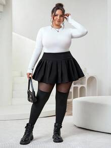 SHEIN CURVE+ Plus Size Women's Black Leggings, Black Mesh Patchwork Leggings For Casual Daily Wear, Minimalist & Fashionable - Black - View 6