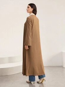 Veilorie Metal Buckle Bell Sleeve Long Sleeve Textured Jacquard Minimalist Casual Long Abayas For Women - Khaki - View 7
