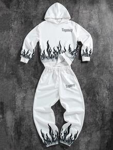 SHEIN 2pcs/Set Fashion White Printed Hoodie Sweatshirt & White Stylish Pants For Teenage Boys, Soft & Comfortable Fabric, Suitable For Autumn, Outdoor, Travel, Dancing, Photography, Back To School 2025 Bestseller Outfit