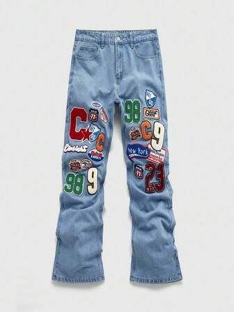 Prep Jeans de mezclilla casual con estampado de letras lavado para hombres