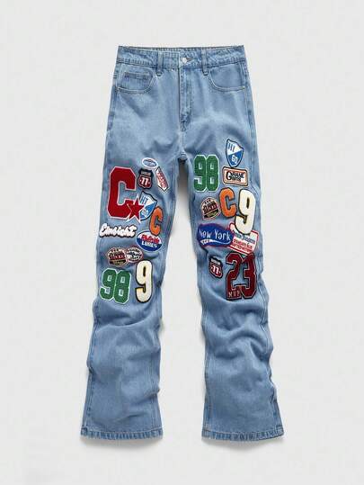 Street Life Men's Casual Washed Prep Letter Printed Denim Jeans