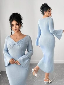 Elenzga Plus Size Women's Solid Color Bow Decor Raglan Flare Sleeve Fitted Elegant Knit Dress, Autumn - Blue - View 3