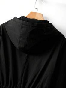 Linhara 大码女式收腰连帽风衣外套，韩版休闲优雅宽松高端夏季外套 - 黑色 - 查看 5